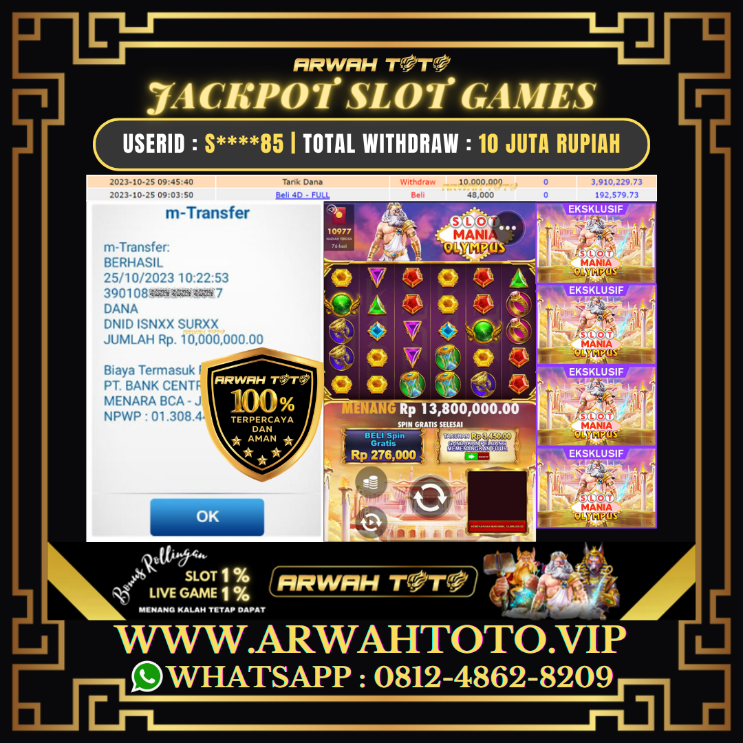 ARWAH TOTO JP DIBAYAR LUNAS Jackpot SLOT GAMES Withdraw Berhasil Rp 10.000.000