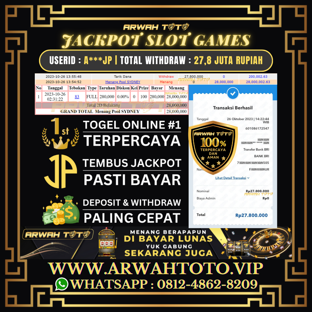 ARWAH TOTO JP DIBAYAR LUNAS Jackpot TOTO SYDNEY Withdraw Berhasil Rp 27.800.000