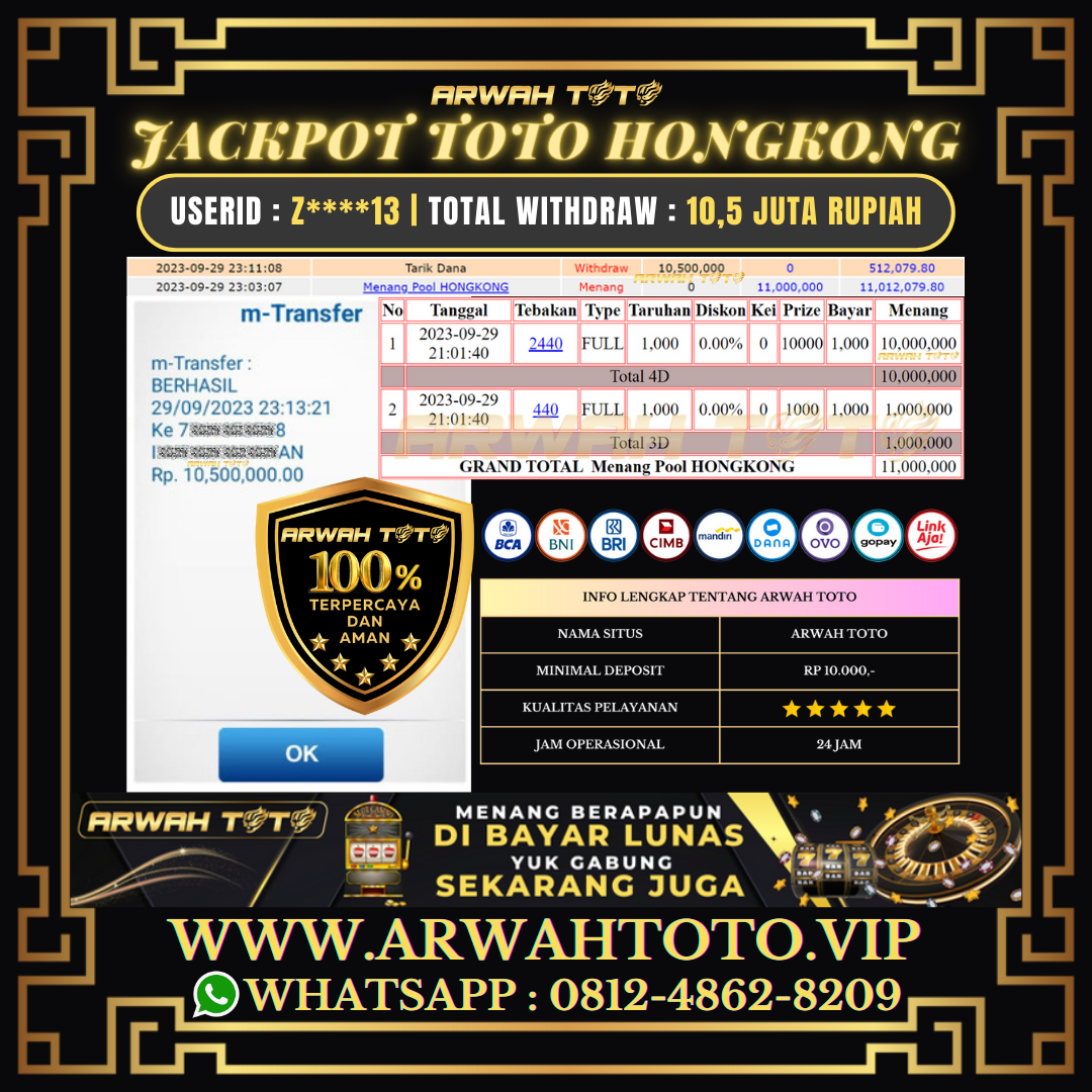 ARWAH TOTO JP DIBAYAR LUNAS Jackpot TOTO HONGKONG Withdraw Berhasil Rp 10.500.000
