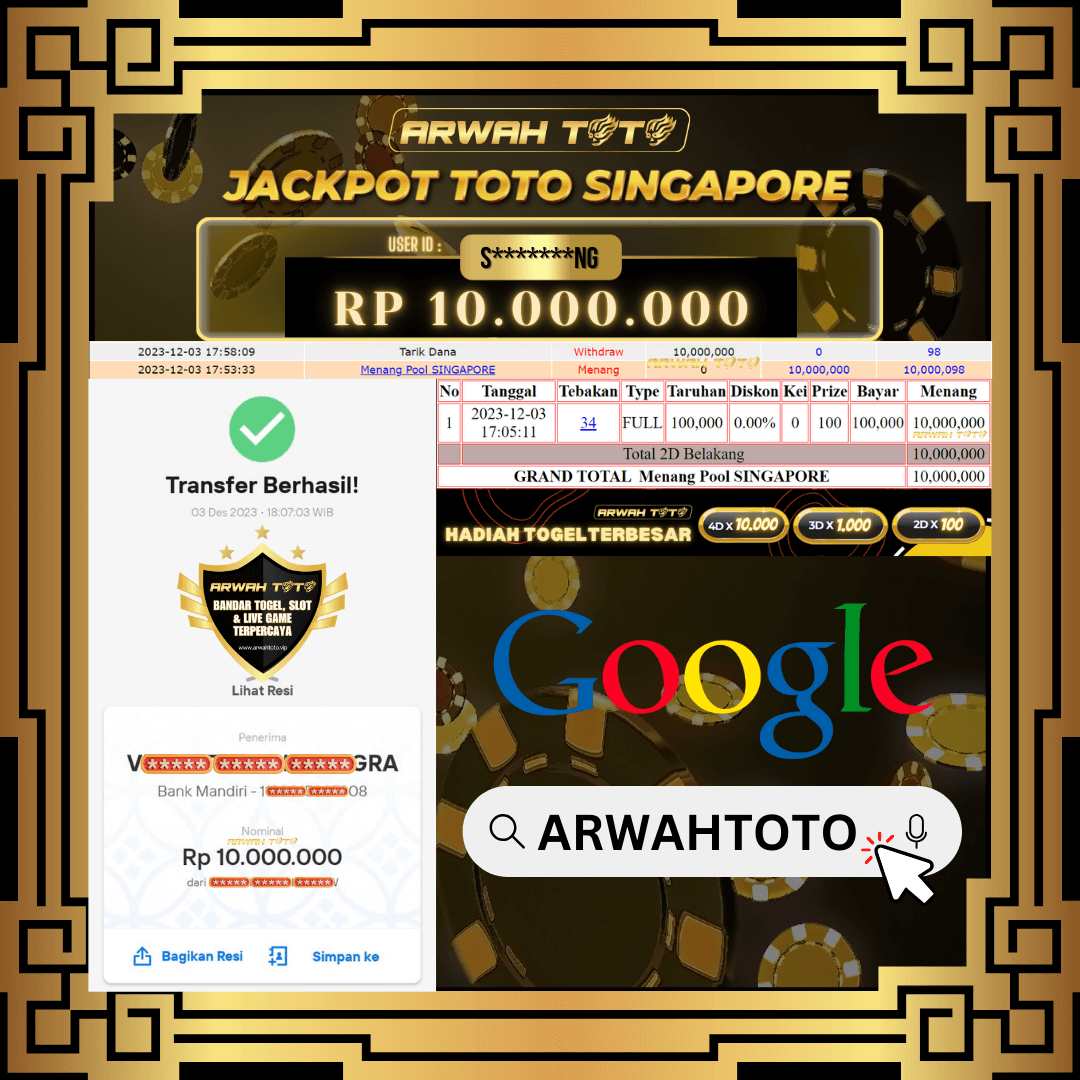ARWAH TOTO JP DIBAYAR LUNAS Jackpot TOTO SINGAPORE Withdraw Berhasil Rp 10.000.000