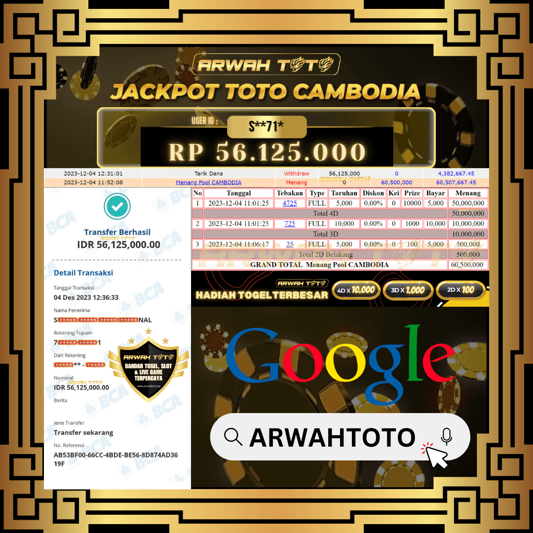 ARWAH TOTO JP BAYAR LUNAS Jackpot TOTO CAMBODIA Withdraw Berhasil Rp 56.125.000
