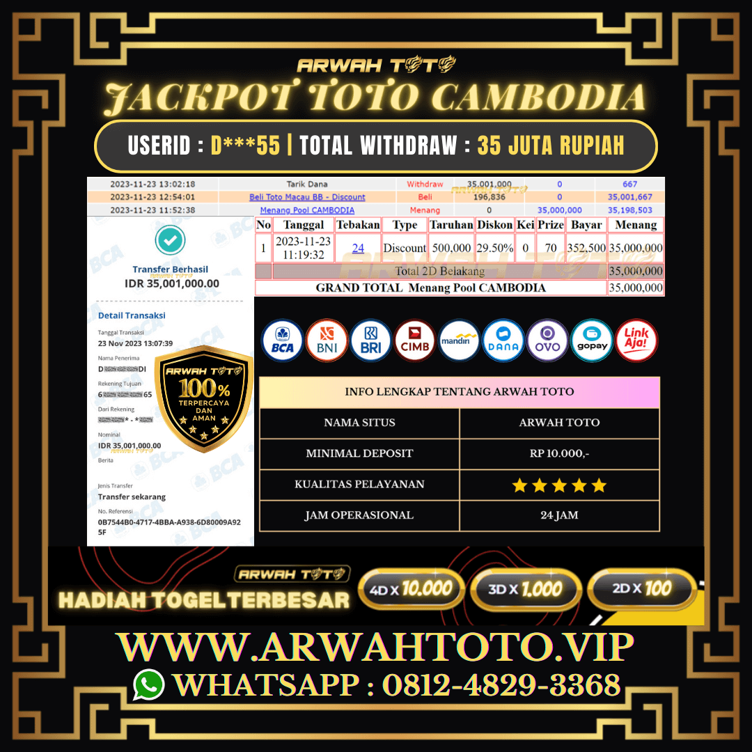 ARWAH TOTO JP DIBAYAR LUNAS Jackpot TOTO CAMBODIA Withdraw Berhasil Rp 35.000.000
