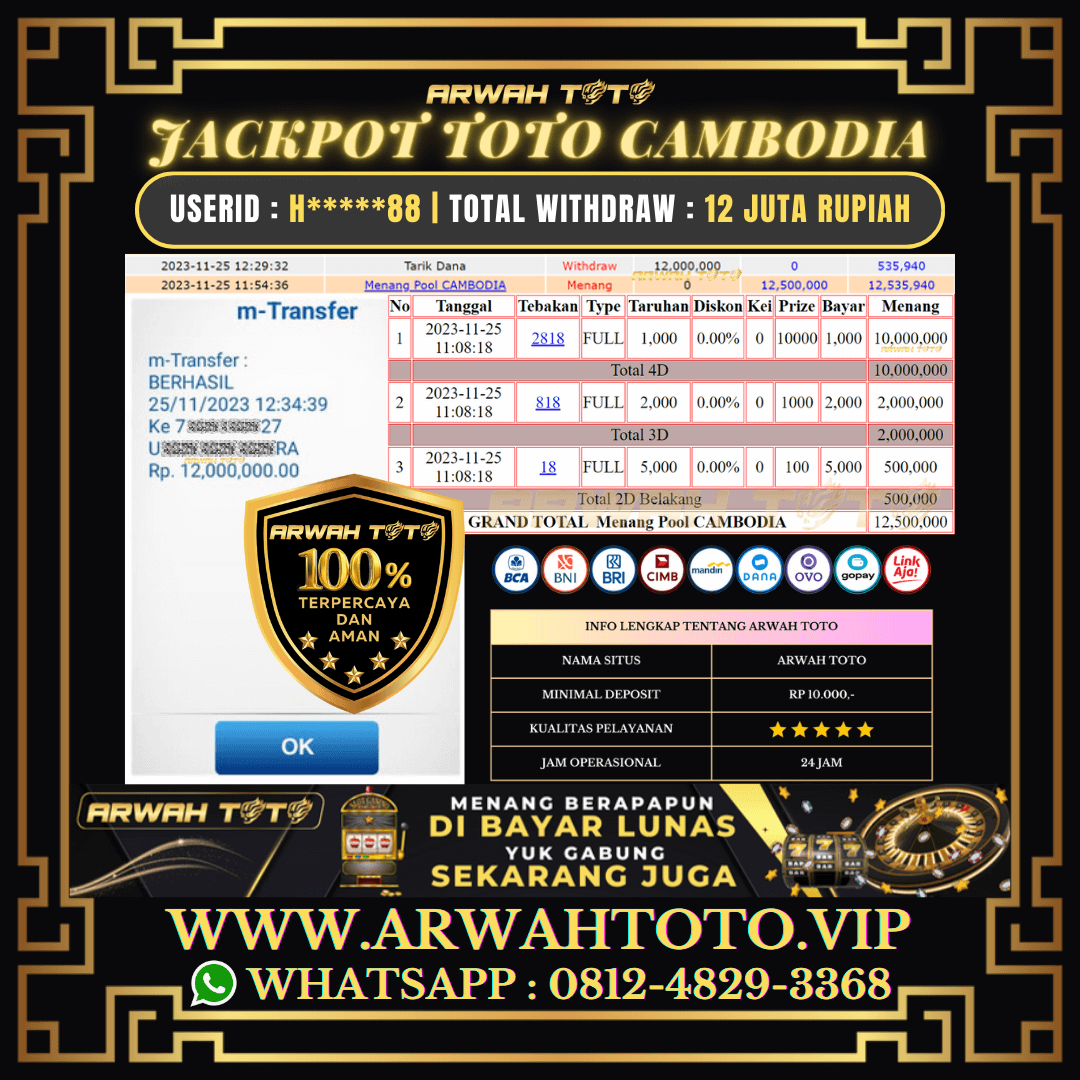 ARWAH TOTO JP DIBAYAR LUNAS Jackpot TOTO CAMBODIA Withdraw Berhasil Rp 12.000.000