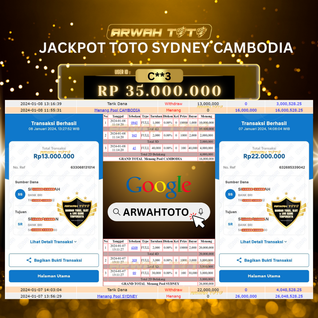 ARWAH TOTO JP BAYAR LUNAS Jackpot TOTO CAMBODIA & TOGEL SYDNEY Withdraw Berhasil Rp 35.000.000