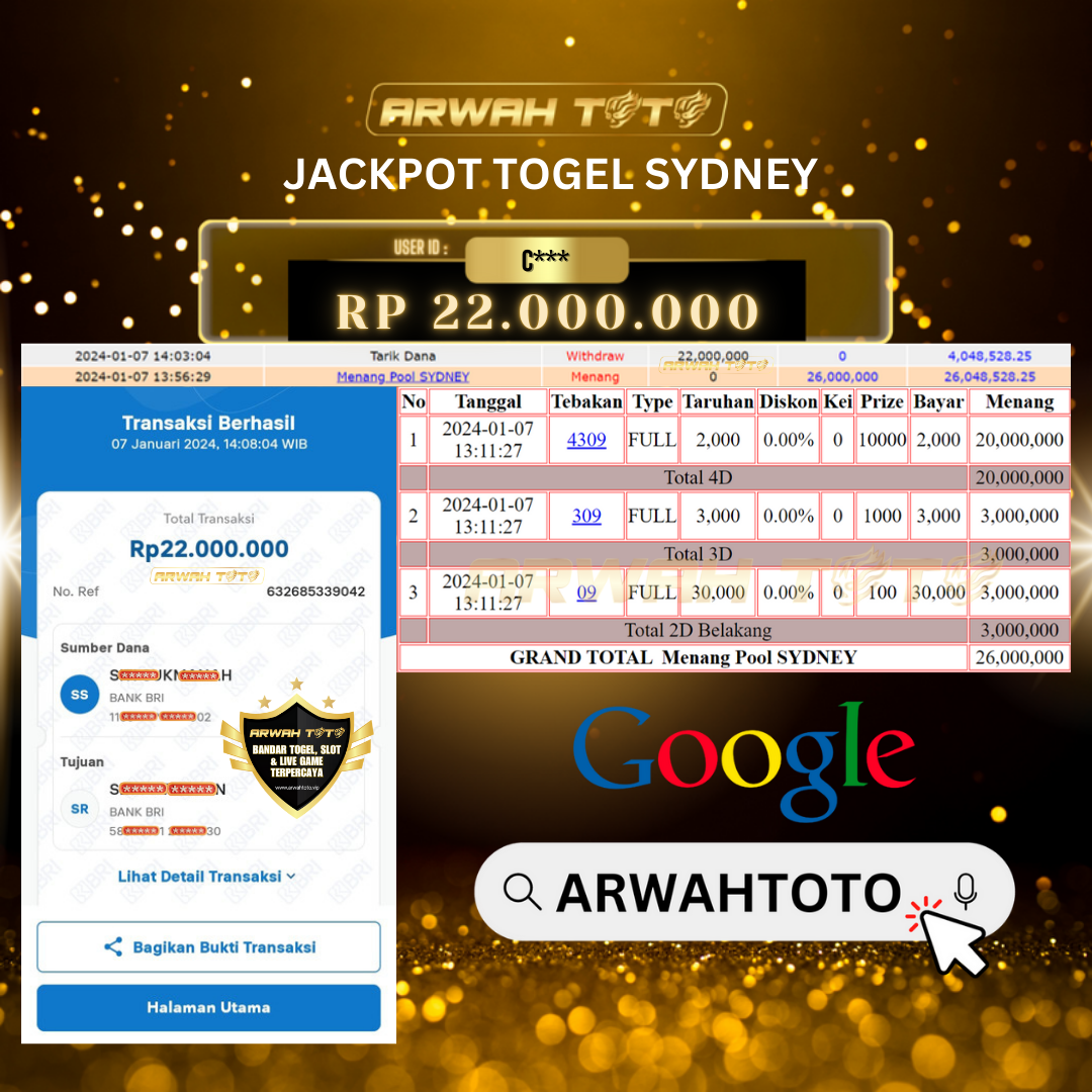 ARWAH TOTO JP BAYAR LUNAS Jackpot TOTO SYDNEY Withdraw Berhasil Rp 22.000.000