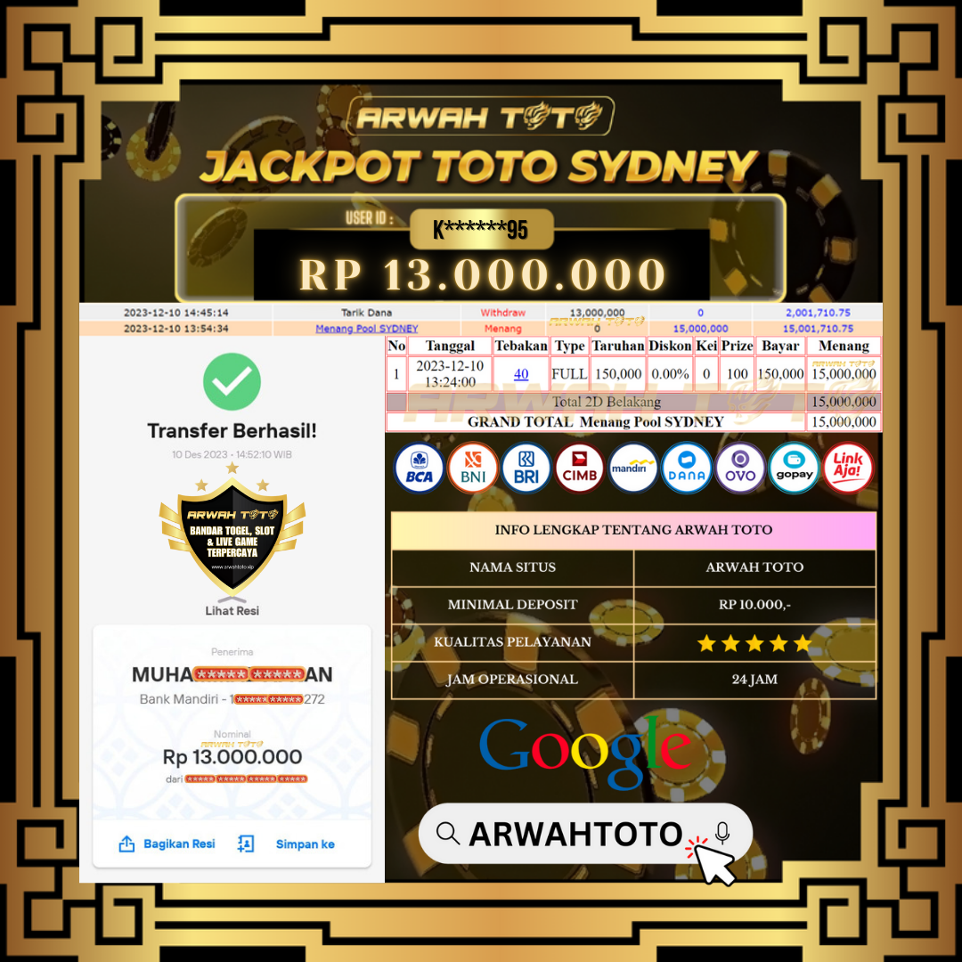 ARWAH TOTO JP BAYAR LUNAS Jackpot TOTO SYDNEY Withdraw Berhasil Rp 13.000.000