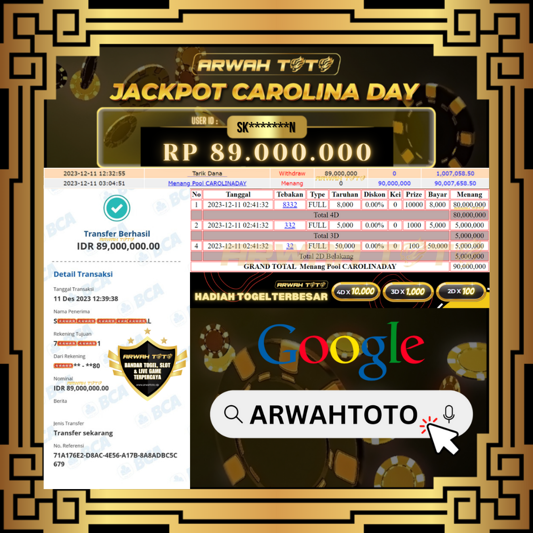 ARWAH TOTO JP BAYAR LUNAS Jackpot TOTO CAROLINA DAY Withdraw Berhasil Rp 89.000.000