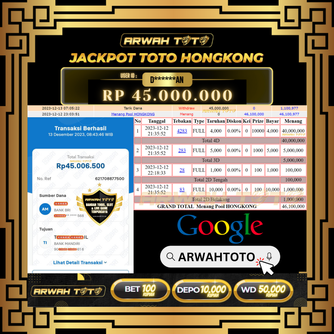 ARWAH TOTO JP BAYAR LUNAS Jackpot TOTO HONGKONG Withdraw Berhasil Rp 45.000.000