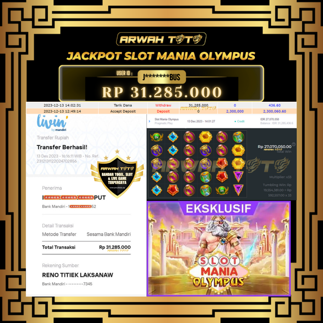 ARWAH TOTO JP DIBAYAR LUNAS Jackpot SLOT GAMES Withdraw Berhasil Rp 31.285.000