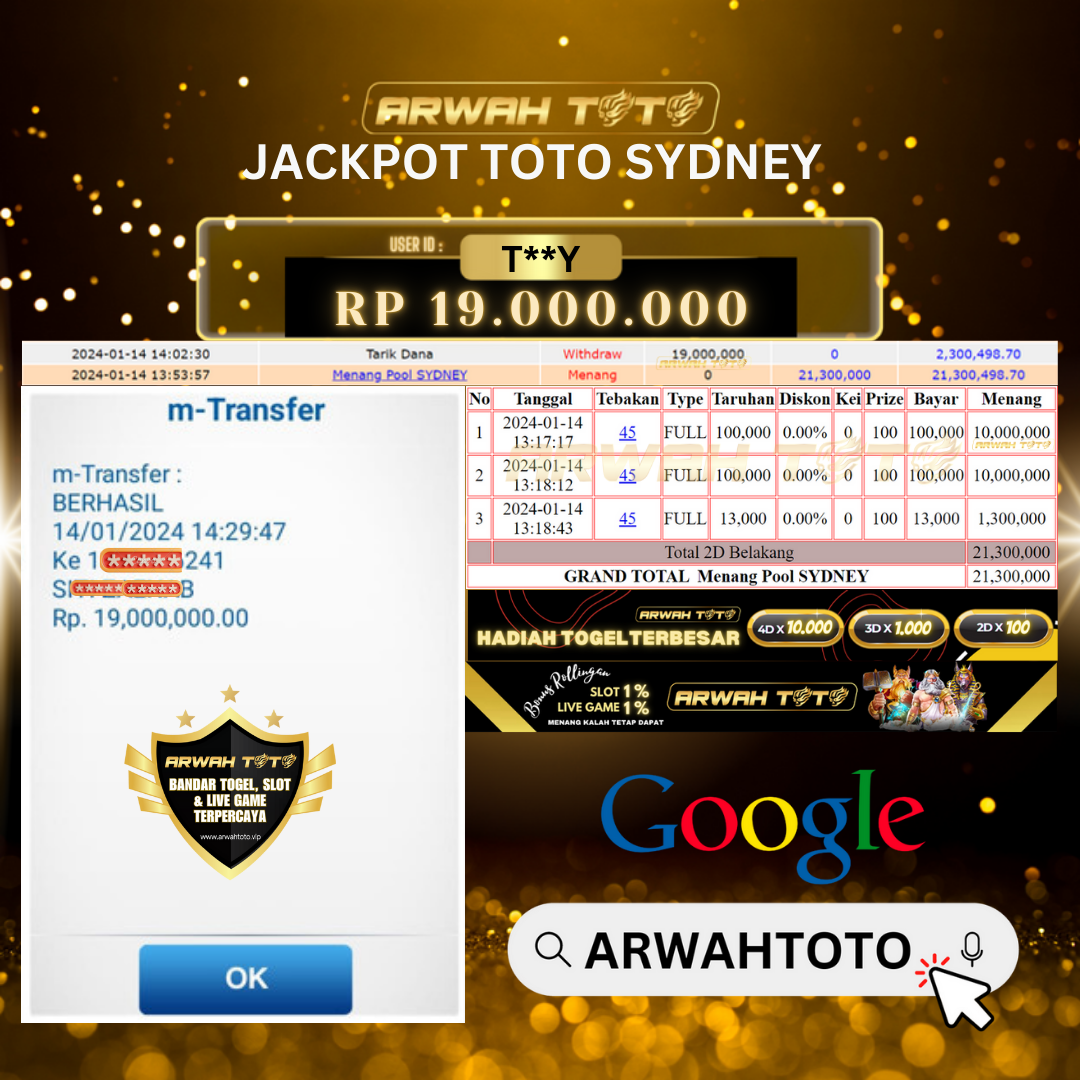 ARWAH TOTO JP BAYAR LUNAS Jackpot TOTO SYDNEY Withdraw Berhasil Rp 19.000.000