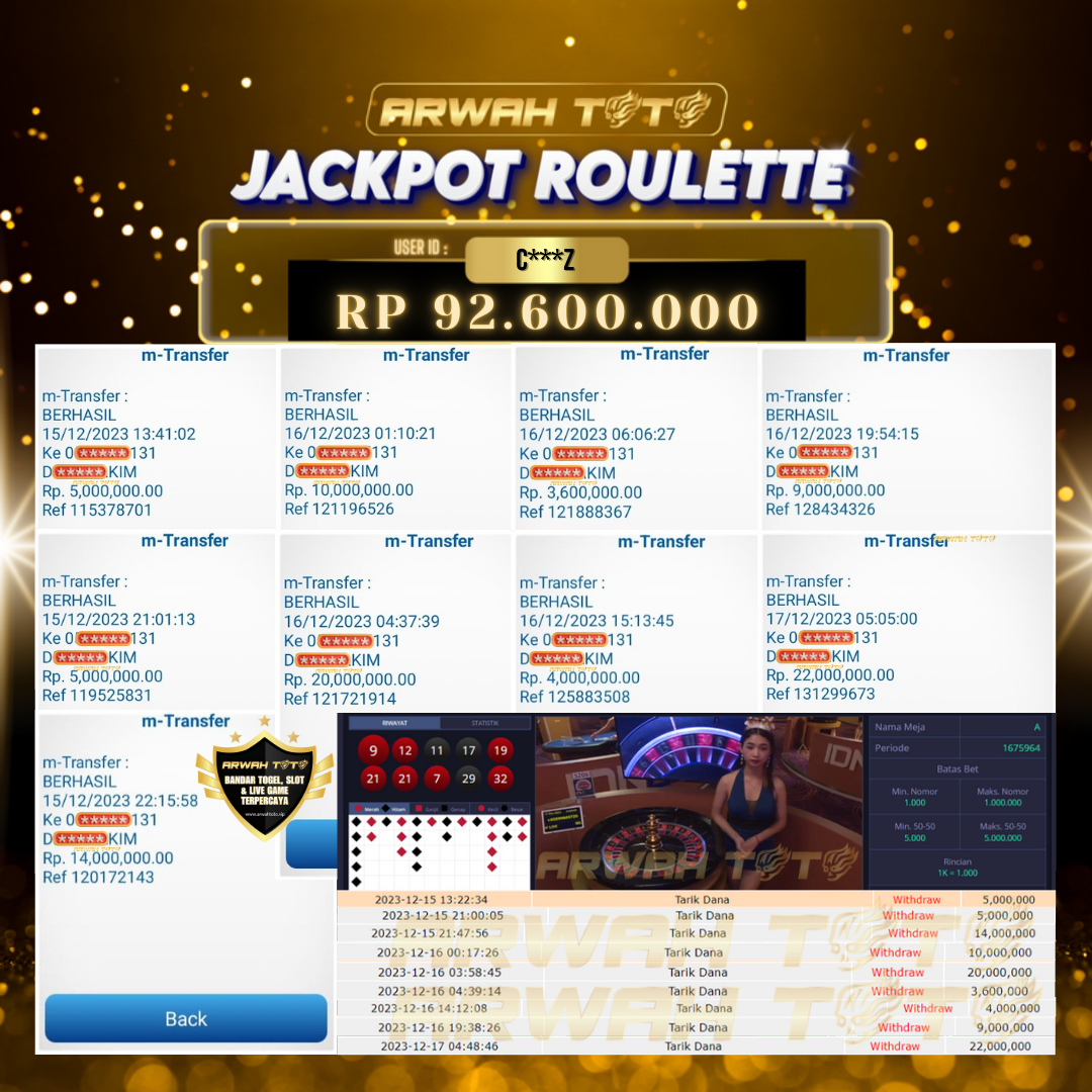 ARWAH TOTO JP BAYAR LUNAS Jackpot ROULETTE LIVE GAMES Withdraw Berhasil Rp 92.600.000
