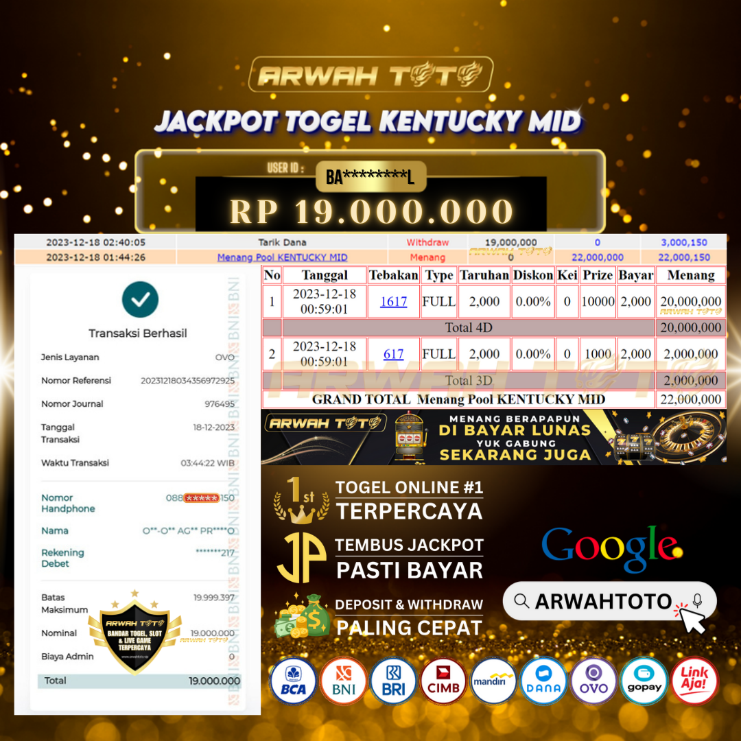 ARWAH TOTO JP BAYAR LUNAS Jackpot TOTO KENTUCKY MID Withdraw Berhasil Rp 19.000.000