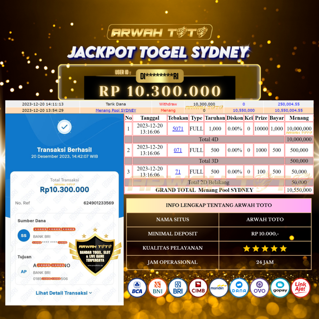 ARWAH TOTO JP BAYAR LUNAS Jackpot TOTO SYDNEY Withdraw Berhasil Rp 10.300.000