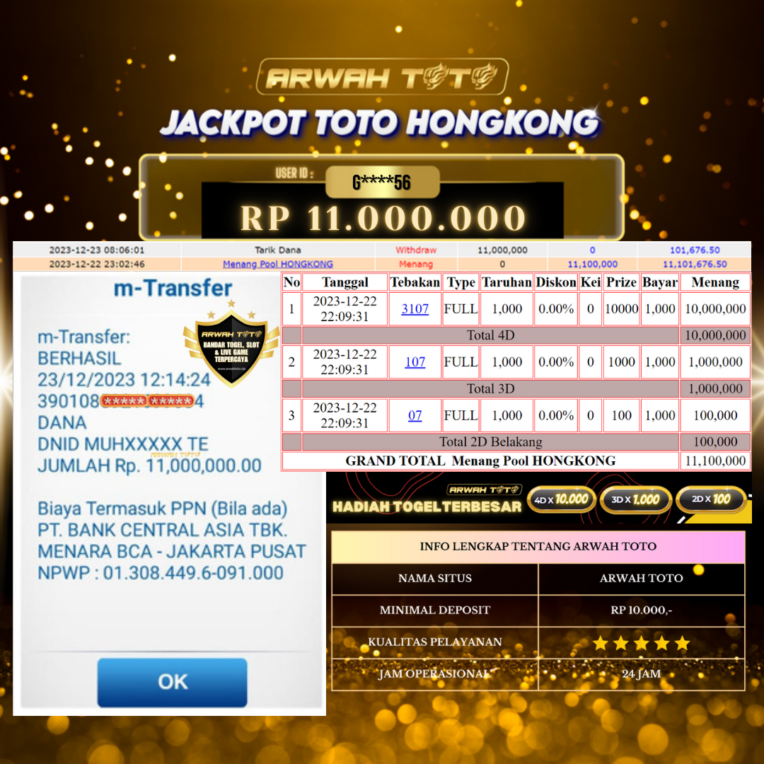 ARWAH TOTO JP BAYAR LUNAS Jackpot TOTO HONGKONG Withdraw Berhasil Rp 11.000.000