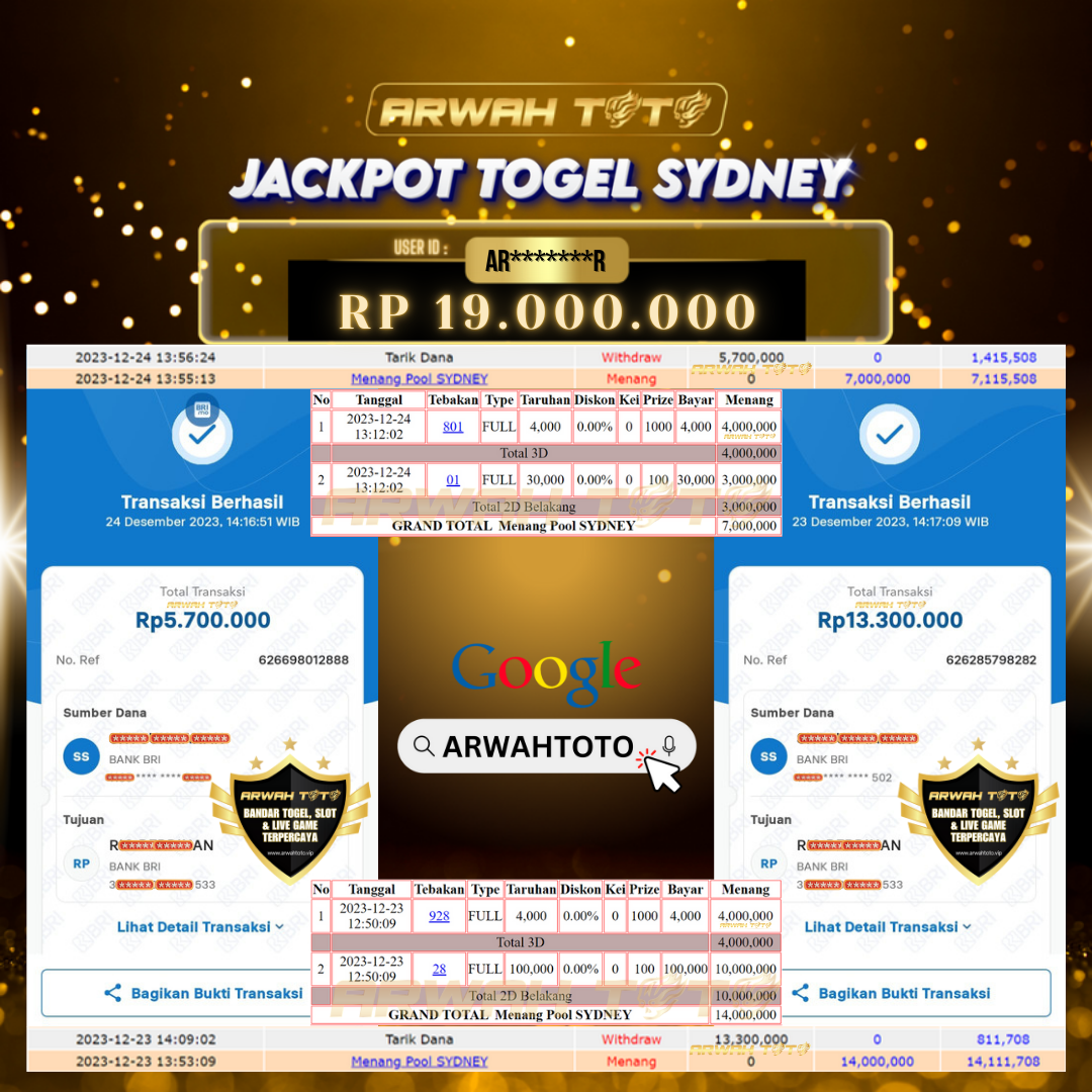 ARWAH TOTO JP BAYAR LUNAS Jackpot TOTO SYDNEY Withdraw Berhasil Rp 19.000.000