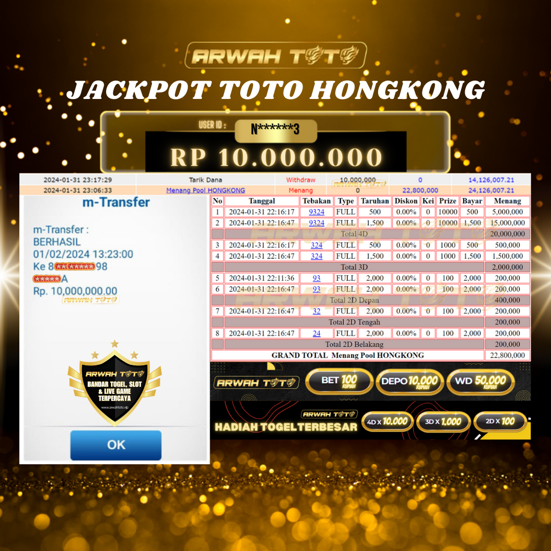 ARWAH TOTO JP BAYAR LUNAS Jackpot TOTO HONGKONG Withdraw Berhasil Rp 10.000.000