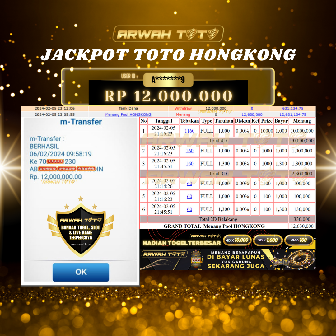 ARWAH TOTO JP BAYAR LUNAS Jackpot TOTO HONGKONG Withdraw Berhasil Rp 12.000.000