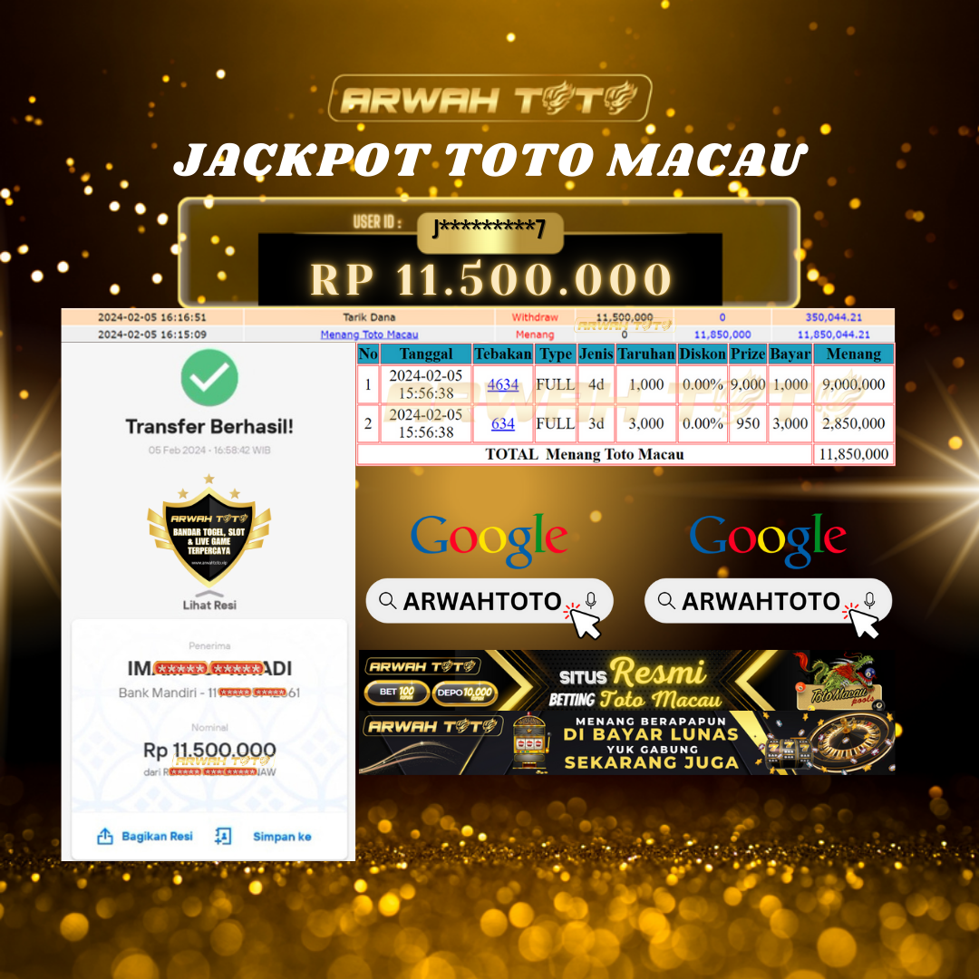 ARWAH TOTO JP BAYAR LUNAS Jackpot TOTO MACAU Withdraw Berhasil Rp 11.500.000