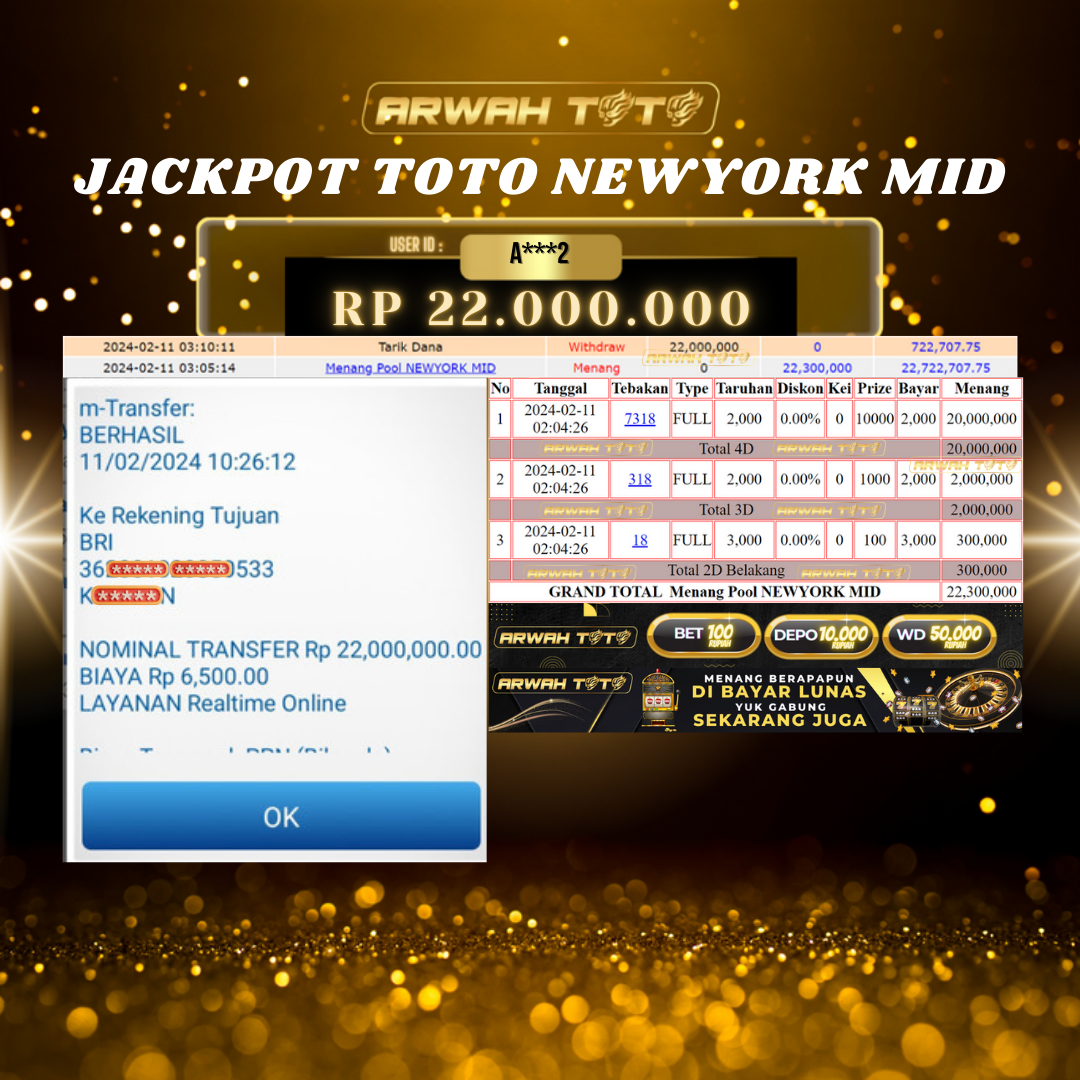 ARWAH TOTO JP BAYAR LUNAS Jackpot TOTO NEWYORK MID Withdraw Berhasil Rp 22.000.000