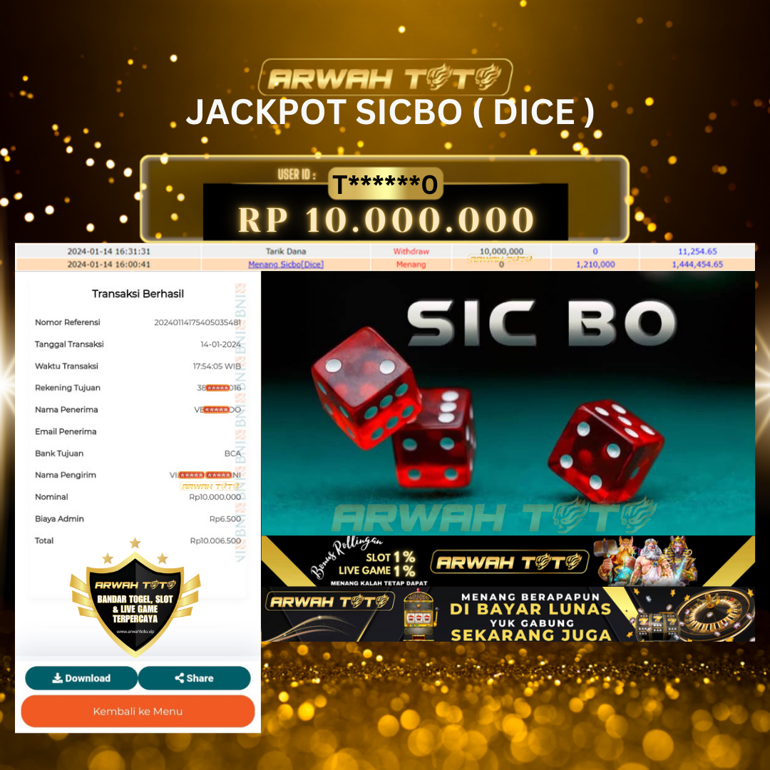 ARWAH TOTO JP BAYAR LUNAS Jackpot SICBO DICE LIVE GAME Withdraw Berhasil Rp 10.000.000