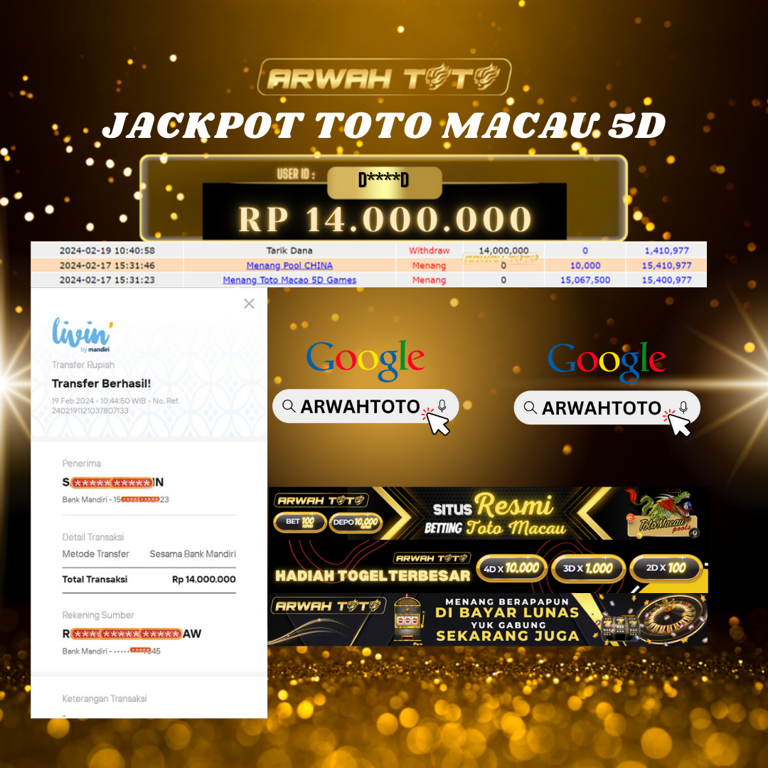 ARWAH TOTO JP BAYAR LUNAS Jackpot TOTO MACAU 5D Withdraw Berhasil Rp 14.000.000