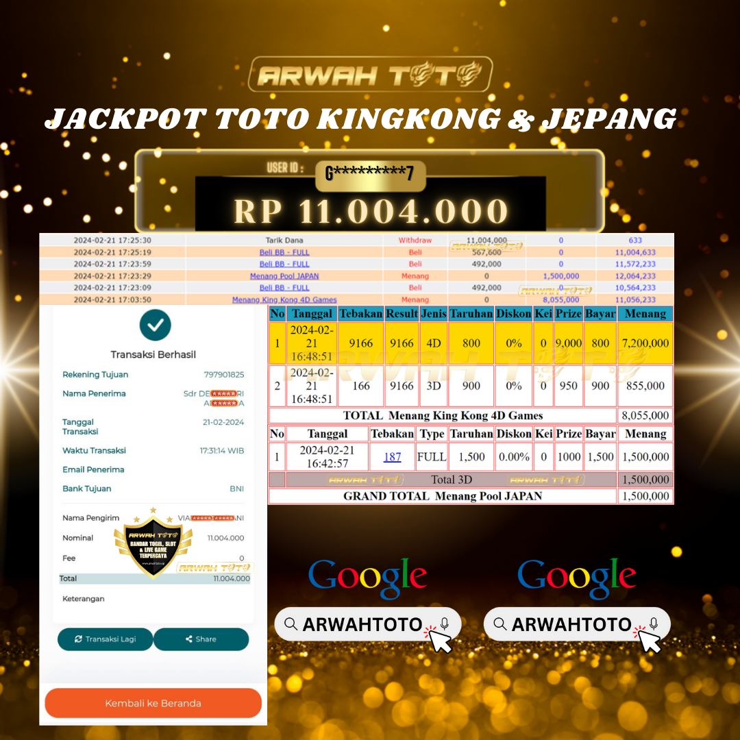 ARWAH TOTO JP BAYAR LUNAS Jackpot TOTO KINGKONG 4D Withdraw Berhasil Rp 11.004.000