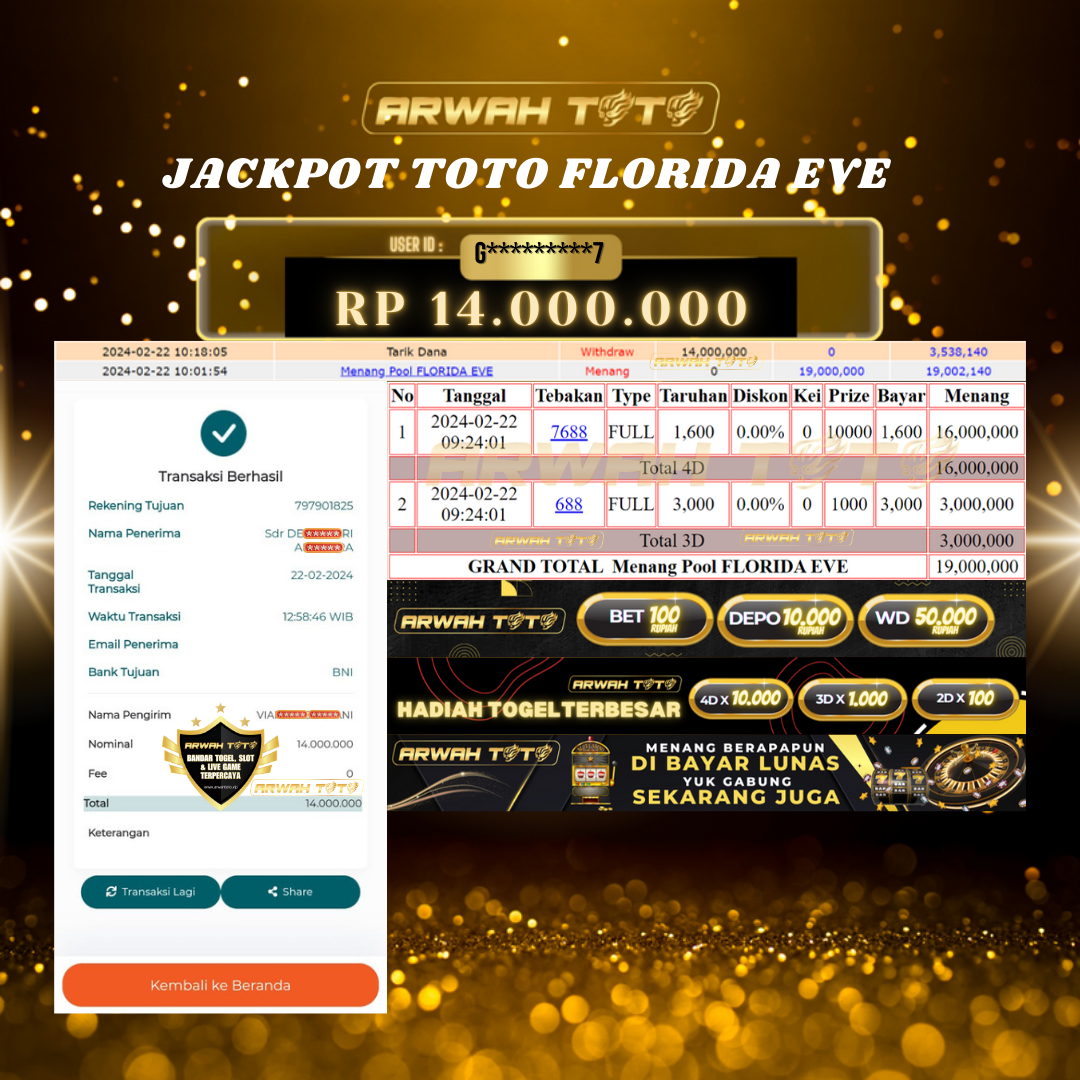 ARWAH TOTO JP BAYAR LUNAS Jackpot TOTO FLORIDA EVE Withdraw Berhasil Rp 14.000.000