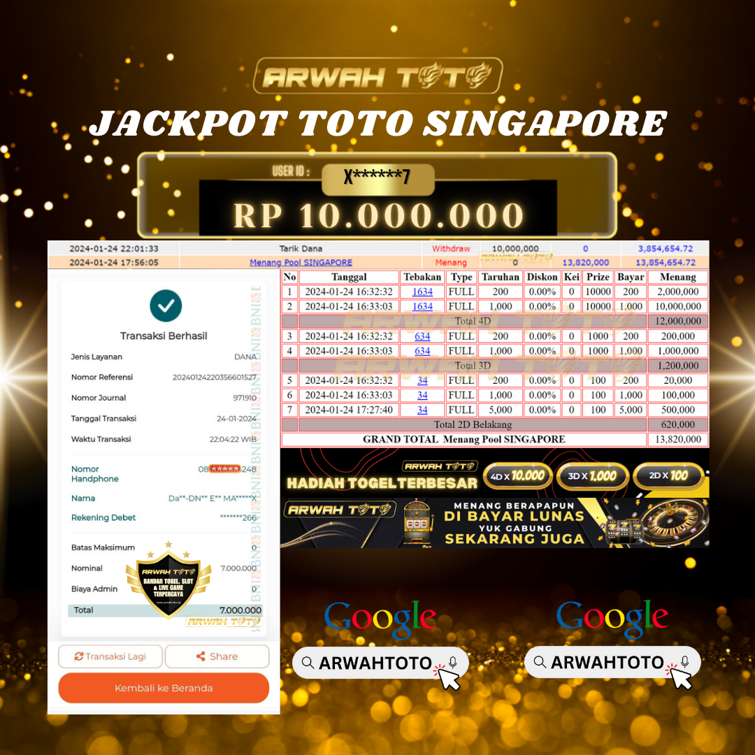 ARWAH TOTO JP BAYAR LUNAS Jackpot TOTO SINGAPORE Withdraw Berhasil Rp 10.000.000