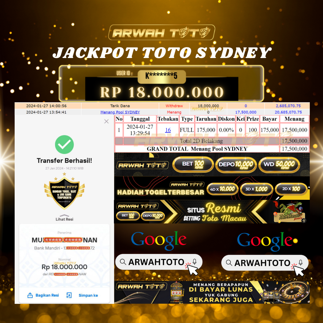 ARWAH TOTO JP BAYAR LUNAS Jackpot TOTO SYDNEY Withdraw Berhasil Rp 18.000.000