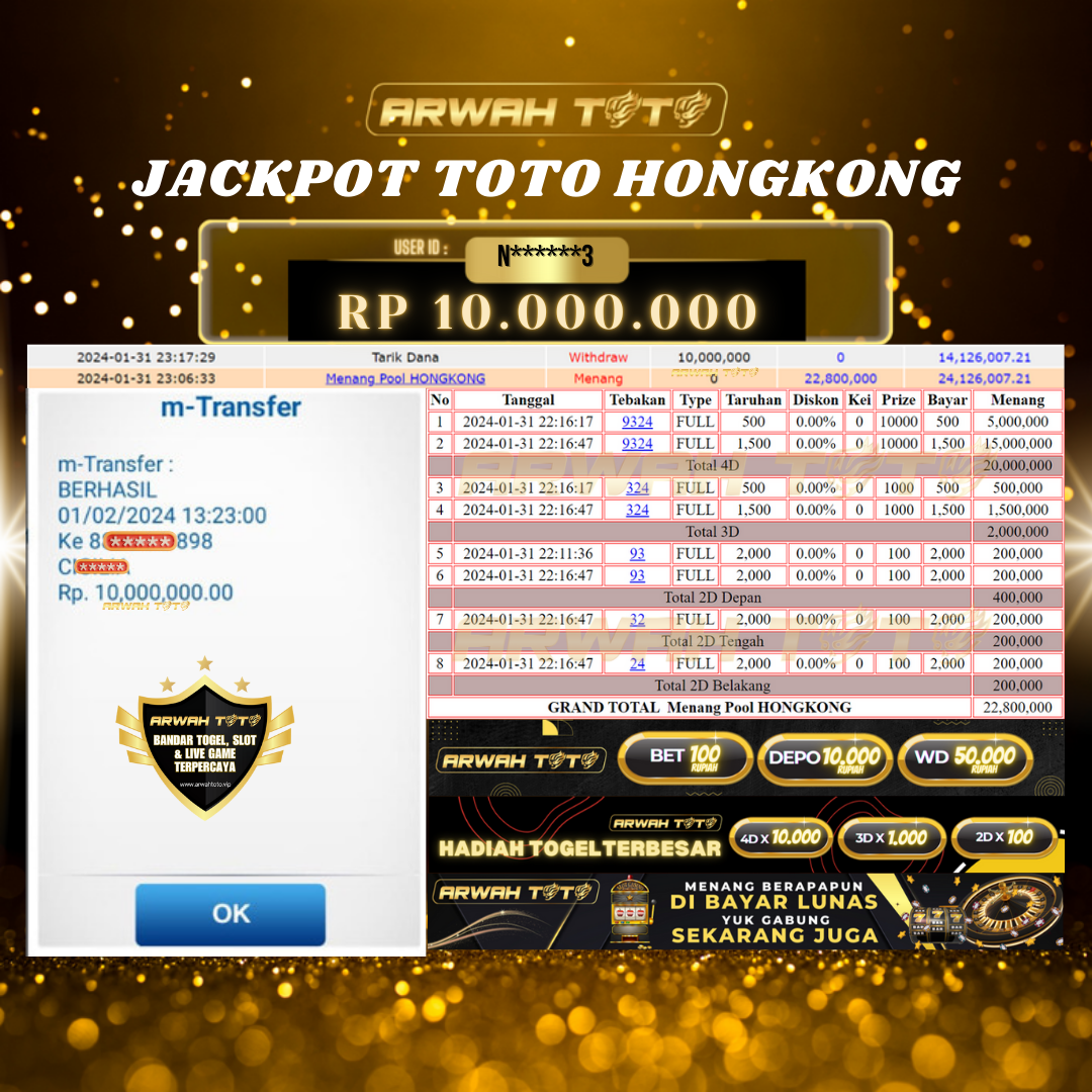 ARWAH TOTO JP BAYAR LUNAS Jackpot TOTO HONGKONG Withdraw Berhasil Rp 10.000.000