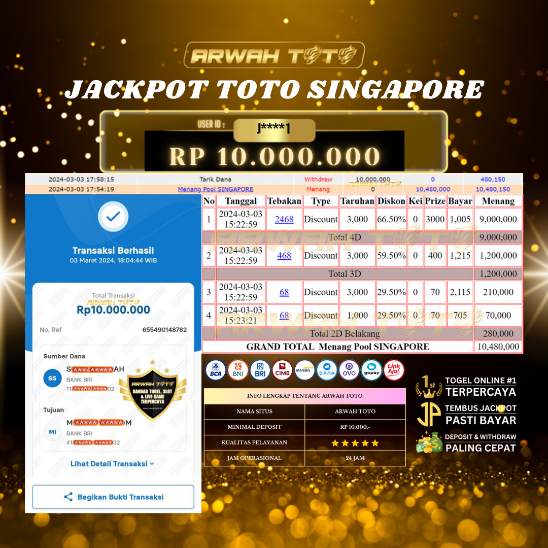 ARWAH TOTO JP BAYAR LUNAS Jackpot TOTO SINGAPORE Withdraw Berhasil Rp 10.000.000