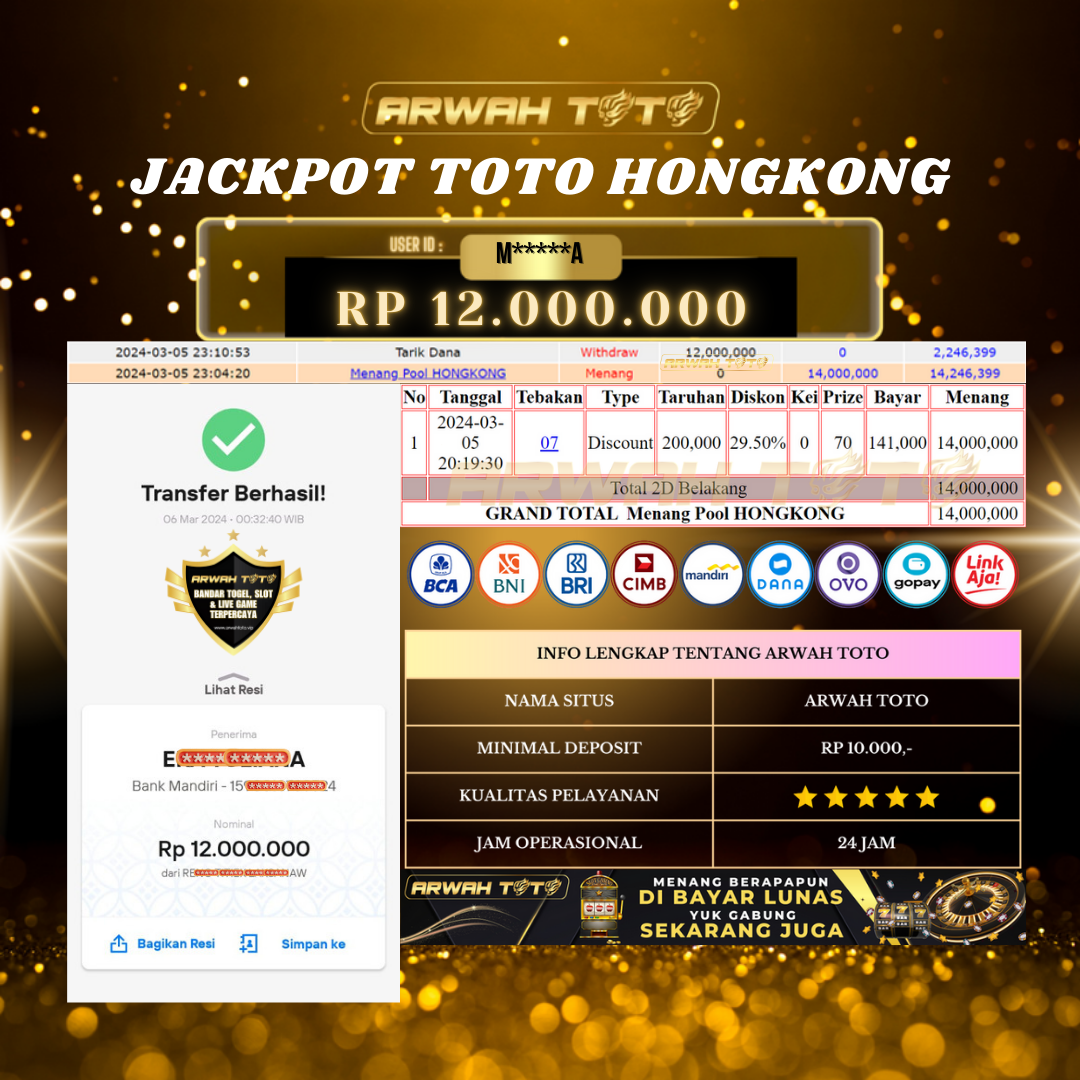 ARWAH TOTO JP BAYAR LUNAS Jackpot TOTO HONGKONG Withdraw Berhasil Rp 12.000.000