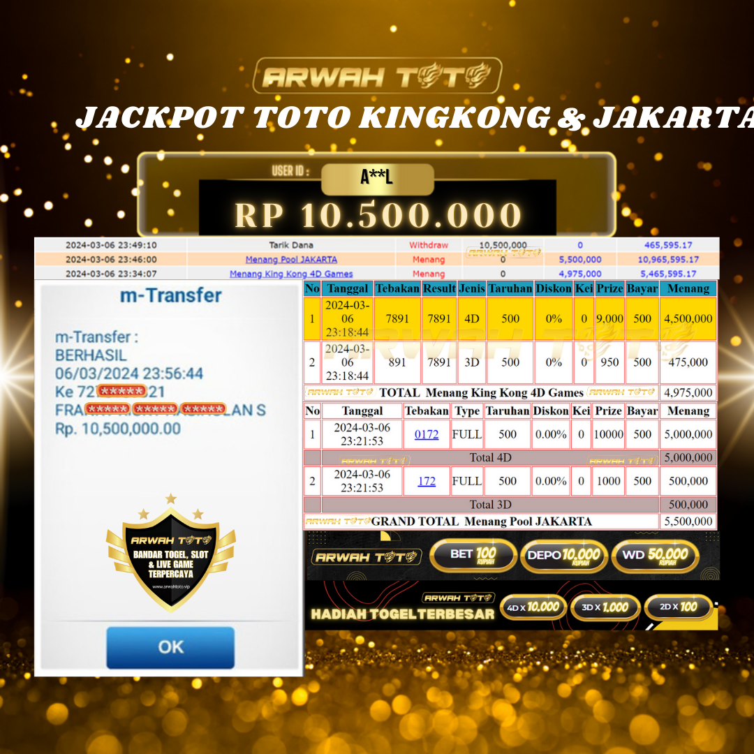 ARWAH TOTO JP BAYAR LUNAS Jackpot TOTO JAKARTA Withdraw Berhasil Rp 10.500.000