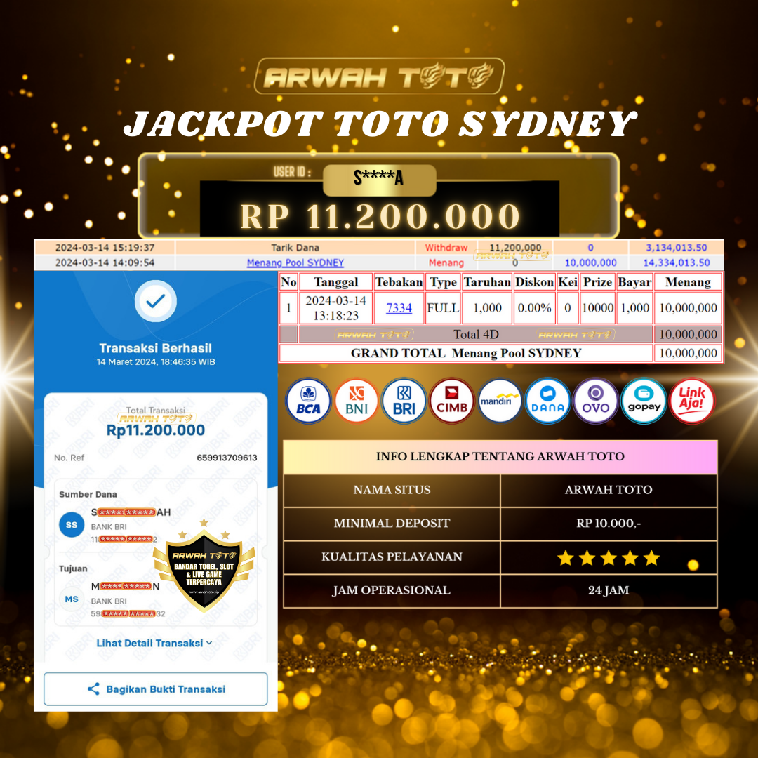 ARWAH TOTO JP BAYAR LUNAS Jackpot TOTO SYDNEY Withdraw Berhasil Rp 11.200.000