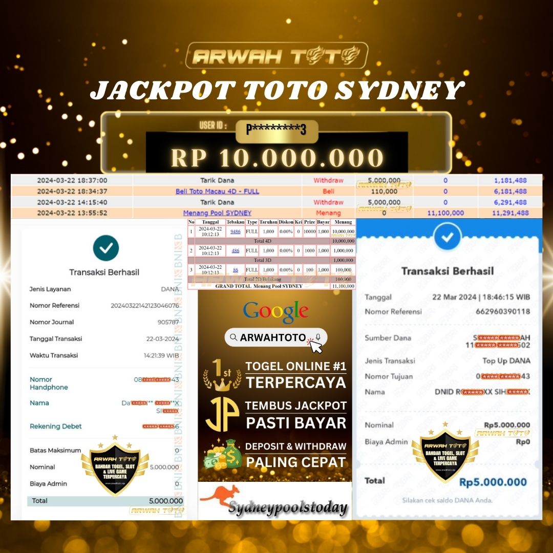 ARWAH TOTO JP BAYAR LUNAS Jackpot TOTO SYDNEY Withdraw Berhasil Rp 10.000.000