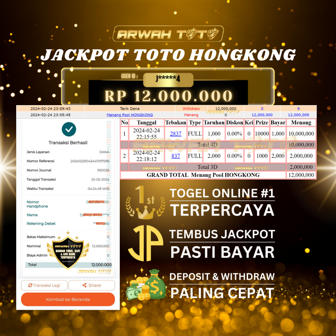 ARWAH TOTO JP BAYAR LUNAS Jackpot TOTO HONGKONG Withdraw Berhasil Rp 12.000.000