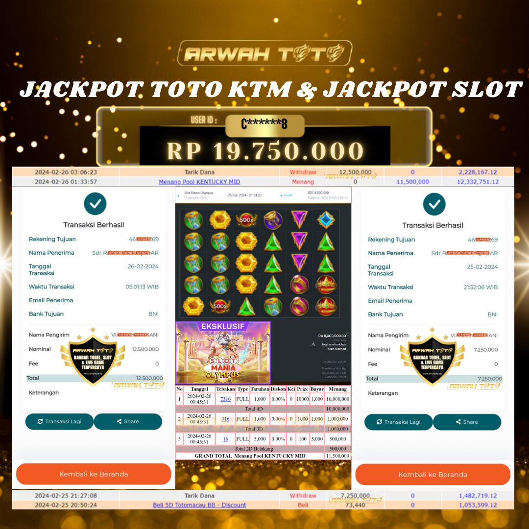 ARWAH TOTO JP BAYAR LUNAS Jackpot TOTO NEWYORK MID dan SLOT GAMES Withdraw Berhasil Rp 19.750.000