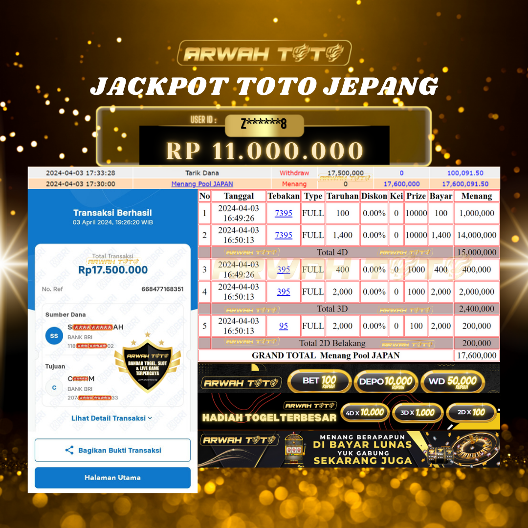 ARWAH TOTO JP BAYAR LUNAS Jackpot TOTO JAPAN Withdraw Berhasil Rp 17.500.000