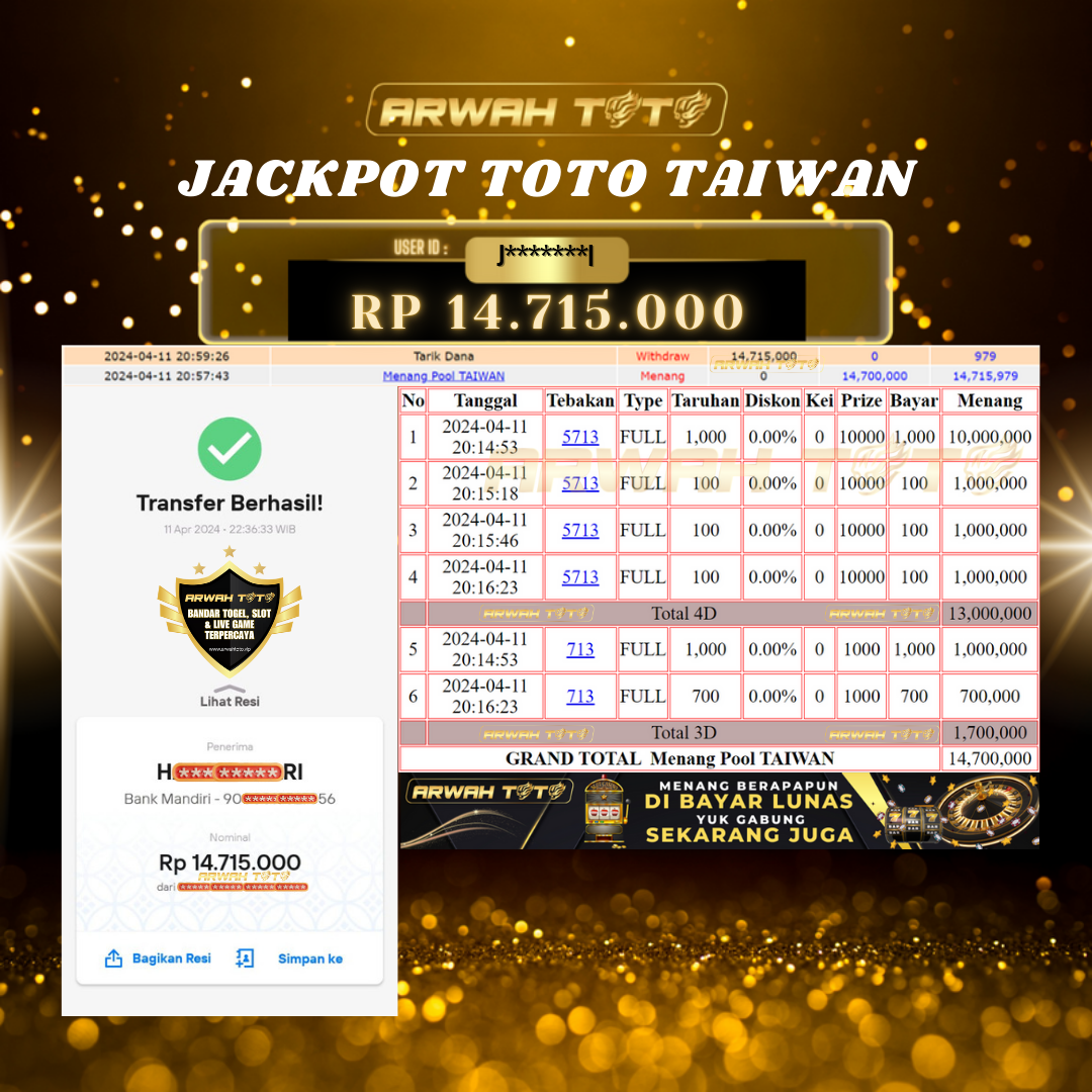ARWAH TOTO JP BAYAR LUNAS Jackpot TOTO TAIWAN Withdraw Berhasil Rp 14.715.000
