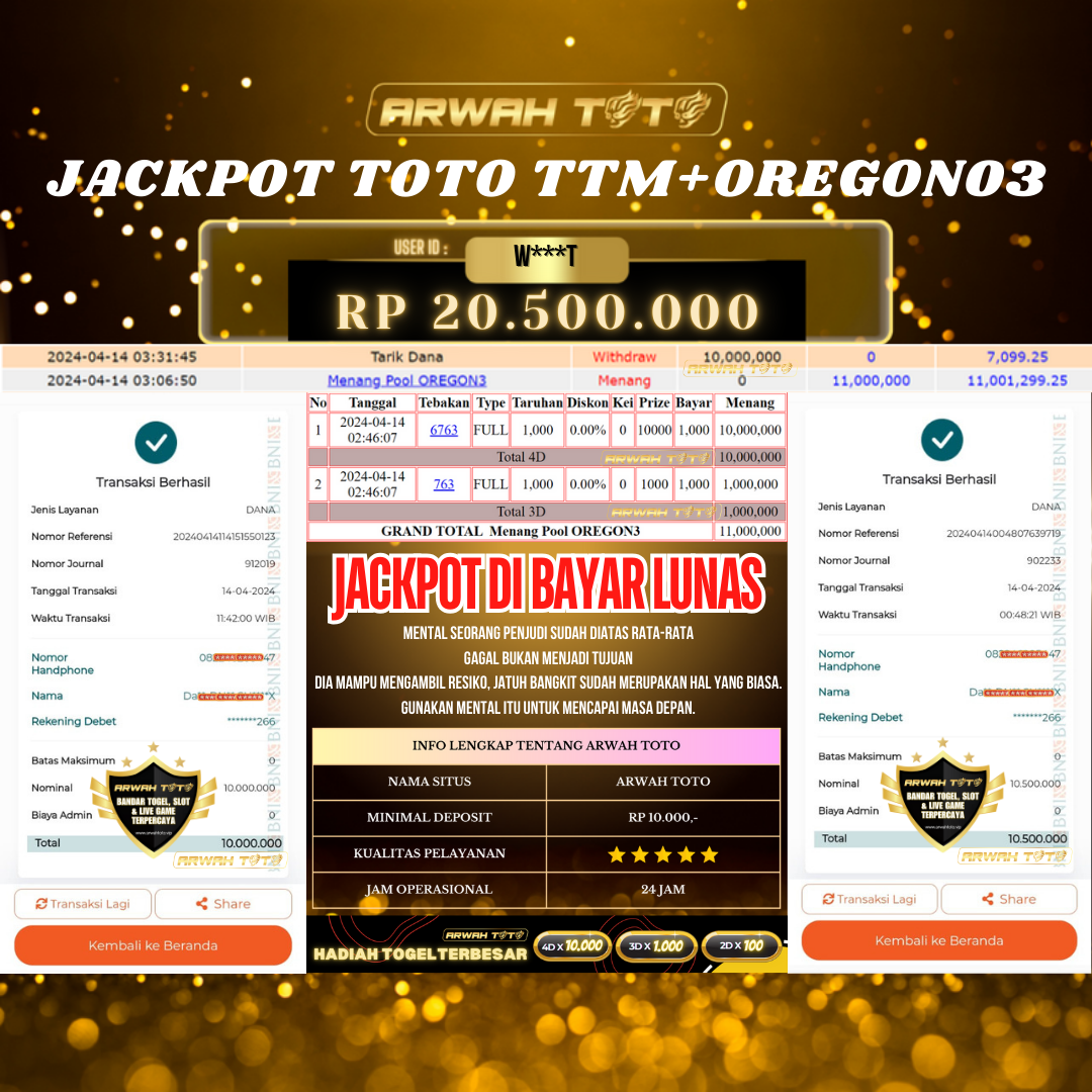 ARWAH TOTO JP BAYAR LUNAS Jackpot TOTO MACAU dan OREGON Withdraw Berhasil Rp 20.500.000