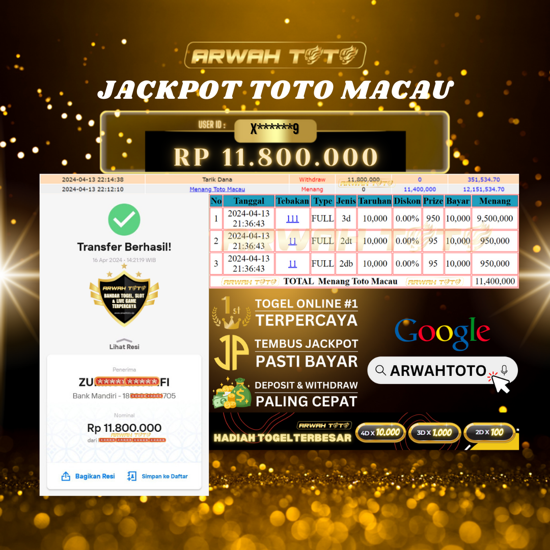 ARWAH TOTO JP BAYAR LUNAS Jackpot TOTO MACAU Withdraw Berhasil Rp 11.800.000