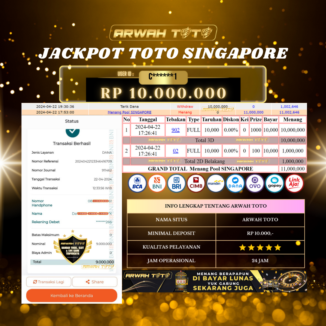 ARWAH TOTO JP BAYAR LUNAS Jackpot TOTO SINGAPORE Withdraw Berhasil Rp 10.000.000