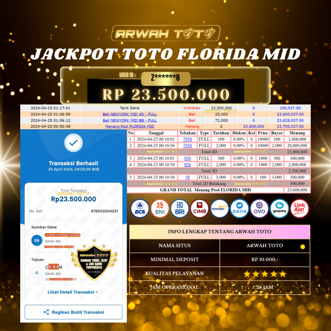 ARWAH TOTO JP BAYAR LUNAS Jackpot TOTO FLORIDA MID Withdraw Berhasil Rp 23.500.000