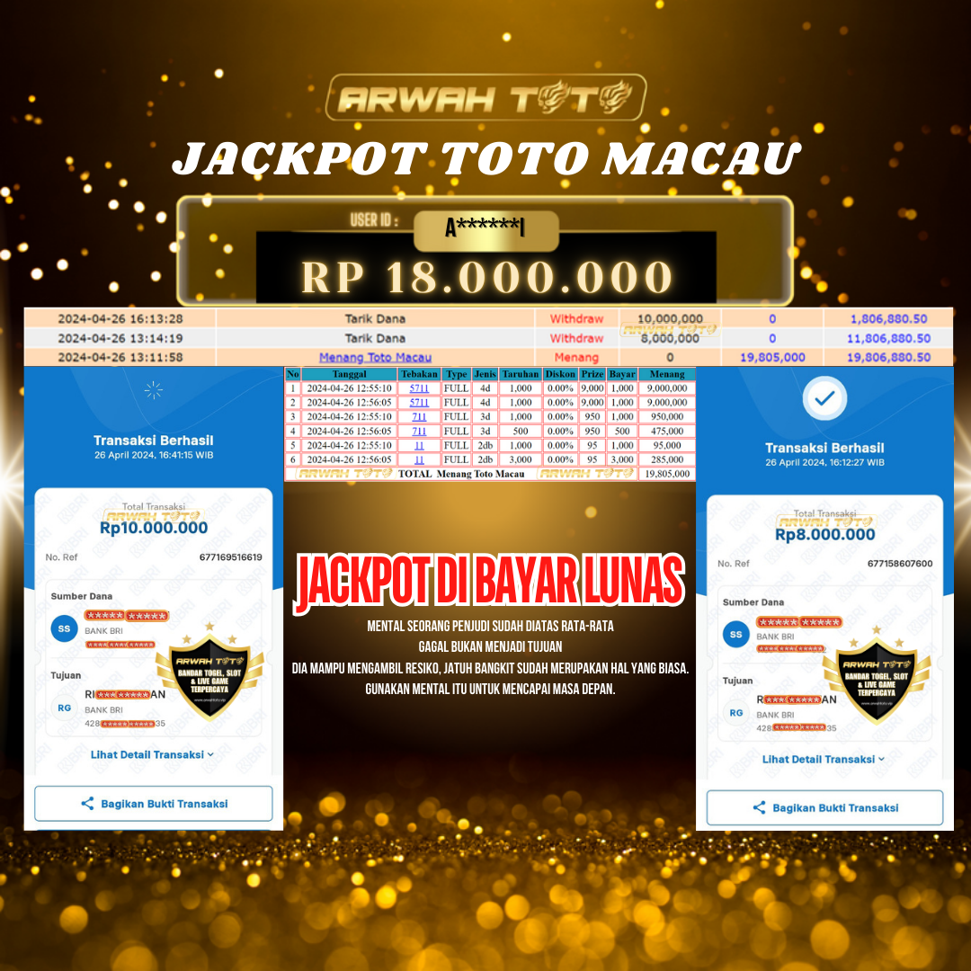 ARWAH TOTO JP BAYAR LUNAS Jackpot TOTO MACAU Withdraw Berhasil Rp 18.000.000
