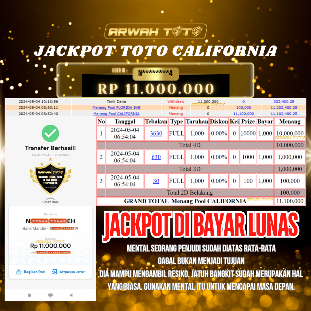 ARWAH TOTO JP BAYAR LUNAS Jackpot TOTO CALIFORNIA Withdraw Berhasil Rp 11.000.000