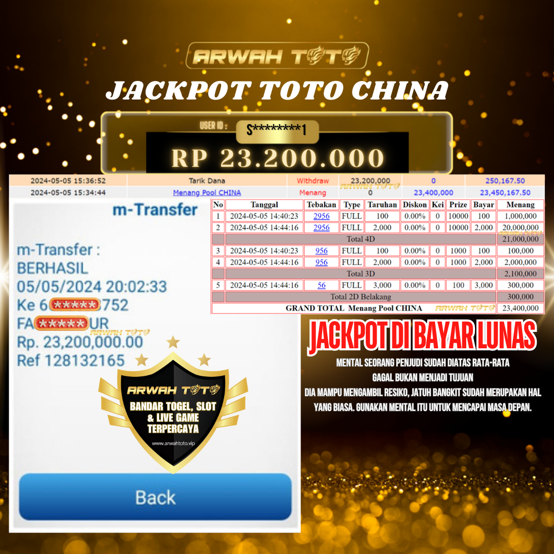 ARWAH TOTO JP BAYAR LUNAS Jackpot TOTO CHINA Withdraw Berhasil Rp 23.200.000