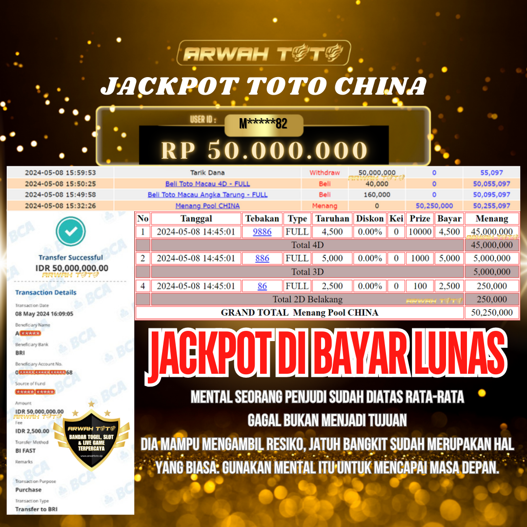 ARWAH TOTO JP BAYAR LUNAS Jackpot TOTO CHINA Withdraw Berhasil Rp 50.000.000