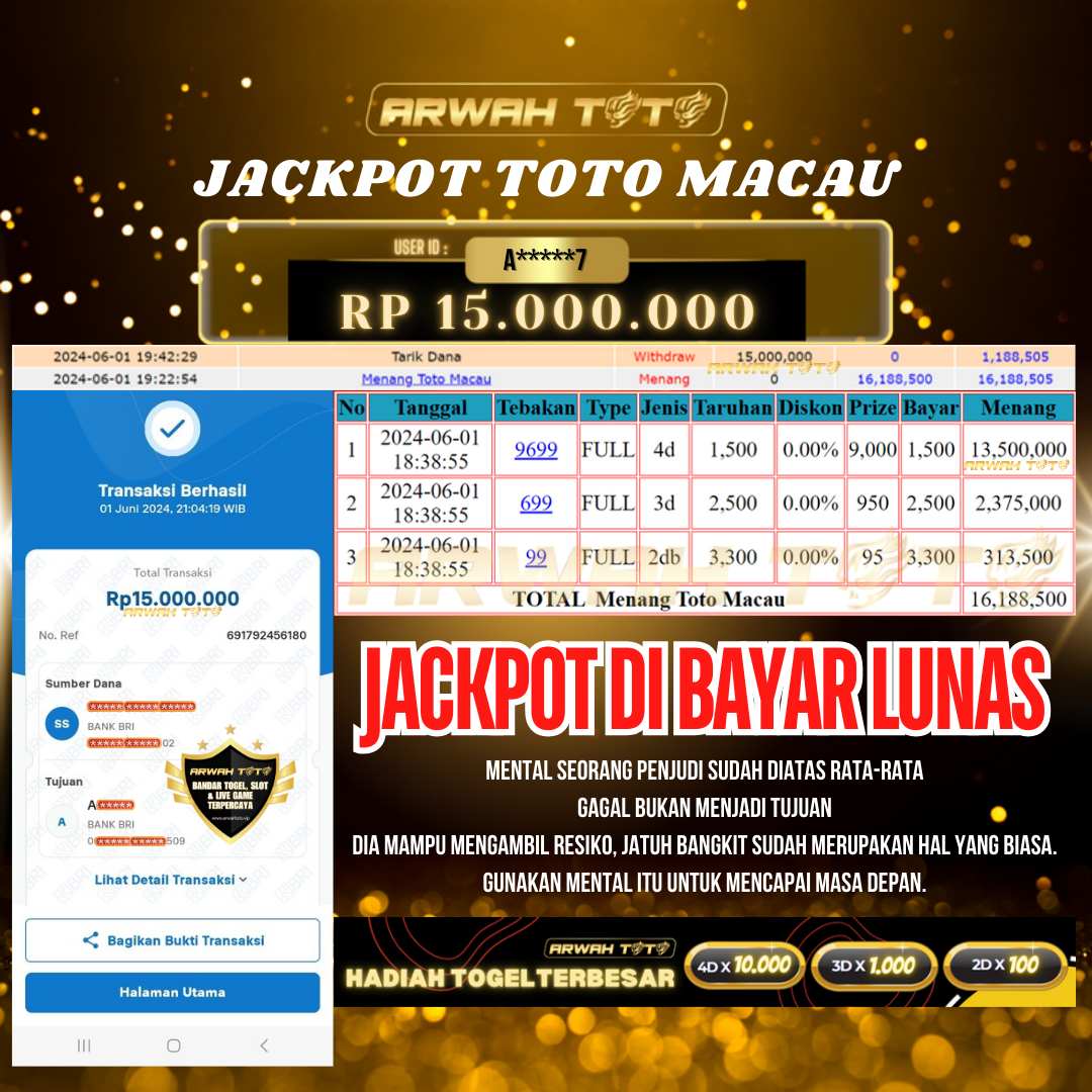 ARWAH TOTO JP BAYAR LUNAS Jackpot TOTO MACAU Withdraw Berhasil Rp 15.000.000