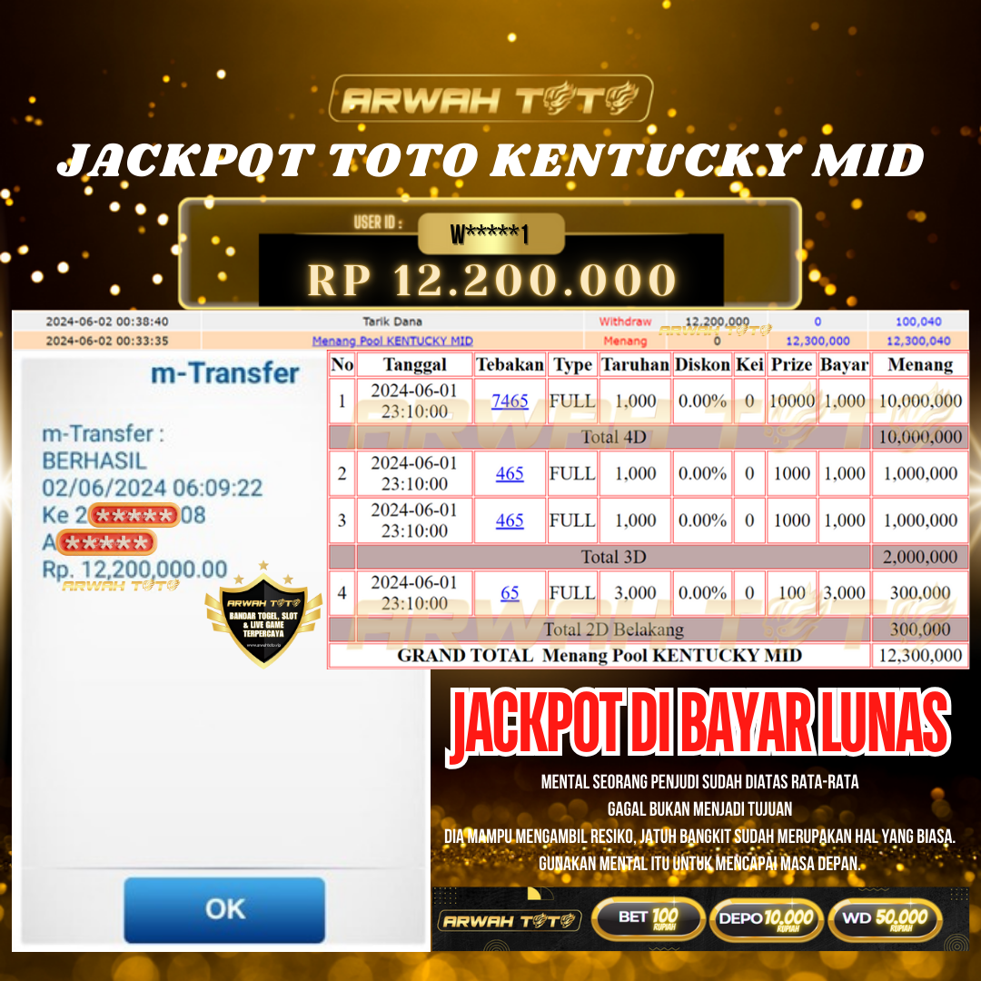 ARWAH TOTO JP BAYAR LUNAS Jackpot TOTO KENTUCKY MID Withdraw Berhasil Rp 12.200.000