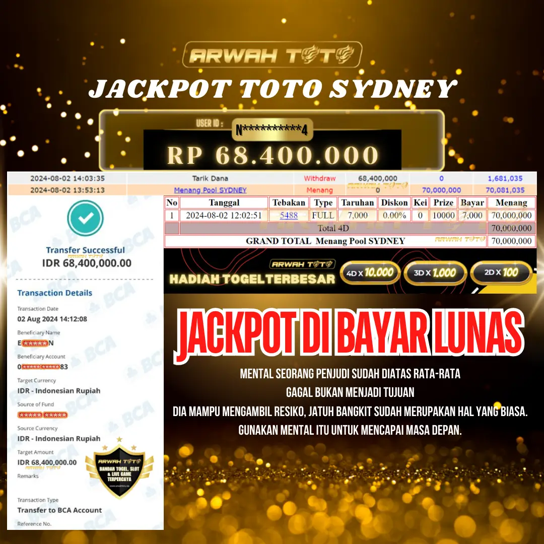 ARWAH TOTO JP BAYAR LUNAS Jackpot TOTO SYDNEY Withdraw Berhasil Rp 68.400.000